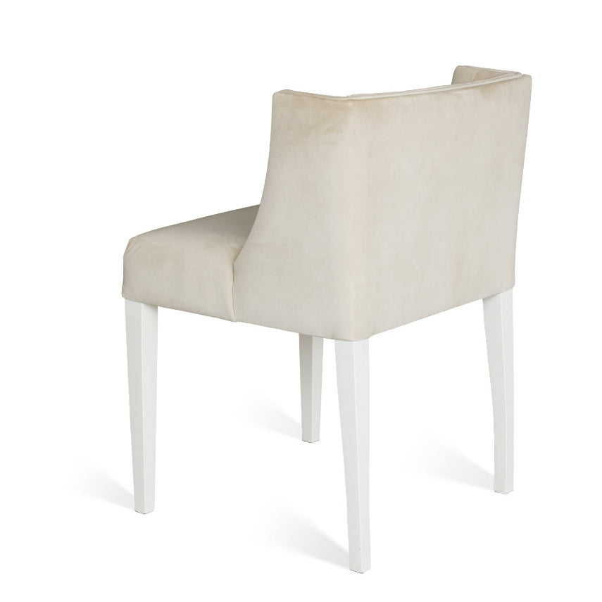 Designer Bar Chair  with a square back design, in beige velvet and white wooden legs