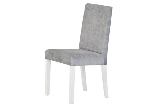 light grey fabric dining chair with white wooden legs.