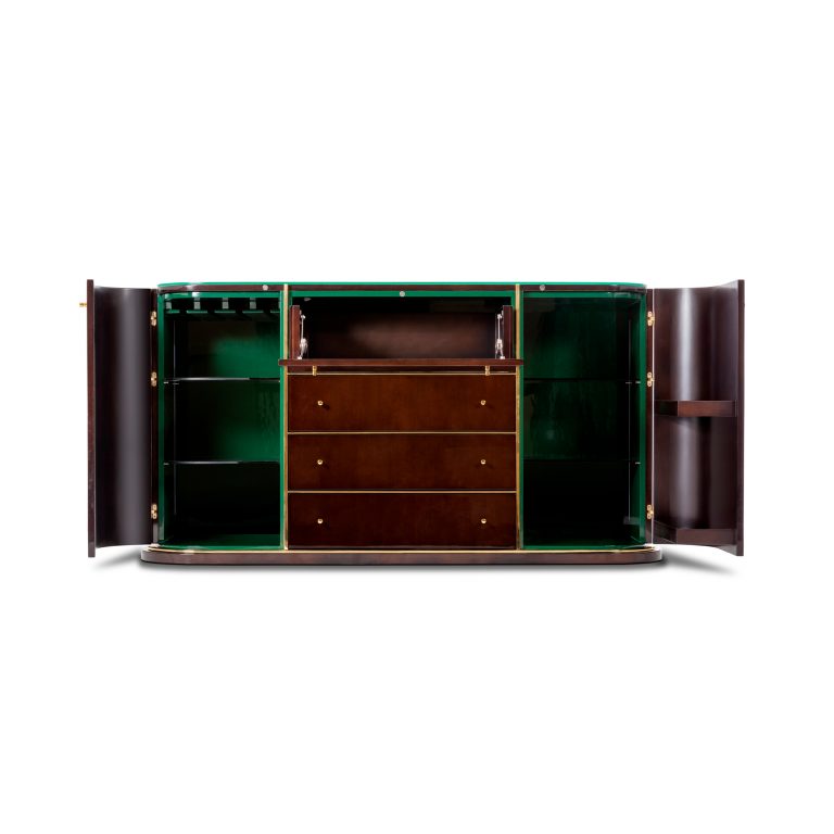 drinks cabinet with green velvet interior and shelving