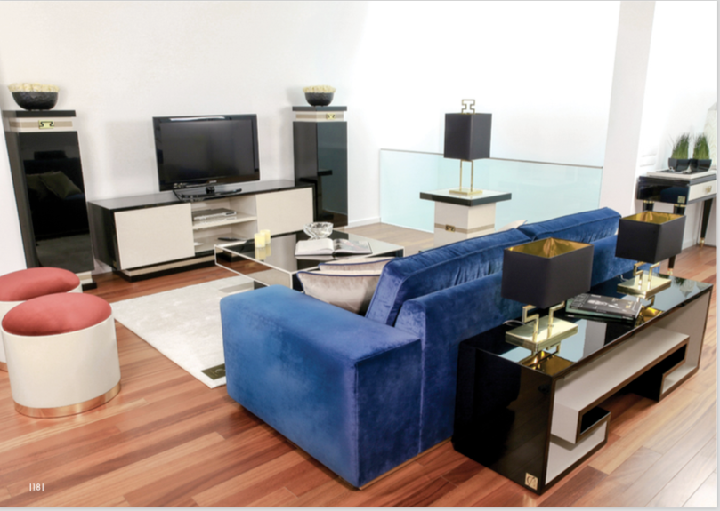 The sublime living room set includes tv stand, decor columns, coffee table and side table tables
