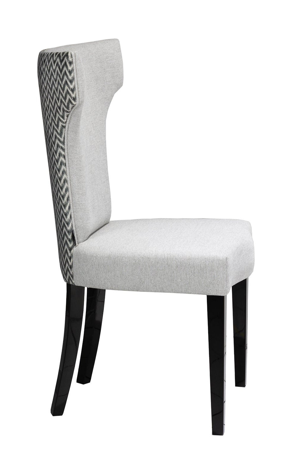 A wingback dining chair with a gray fabric seat and backrest, featuring high gloss black legs.