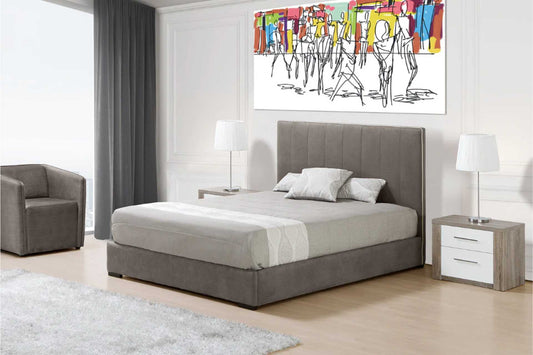 Sleigh bed in dark grey fabric , headboard and base set upholstered in grey velvet fabric