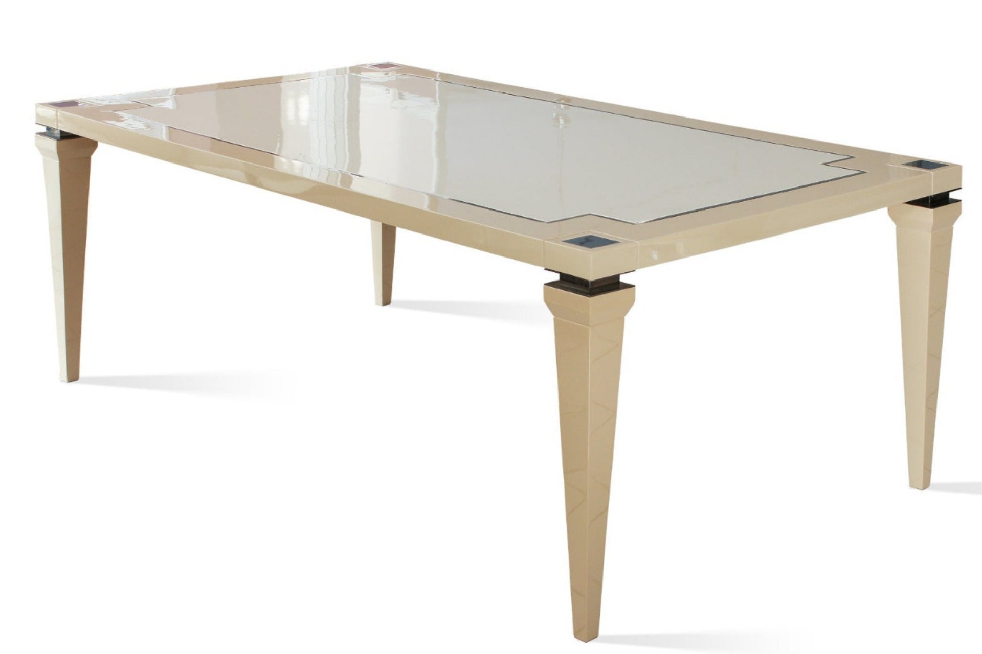 Dining table in gloss beige and ivory wood, with steel accents