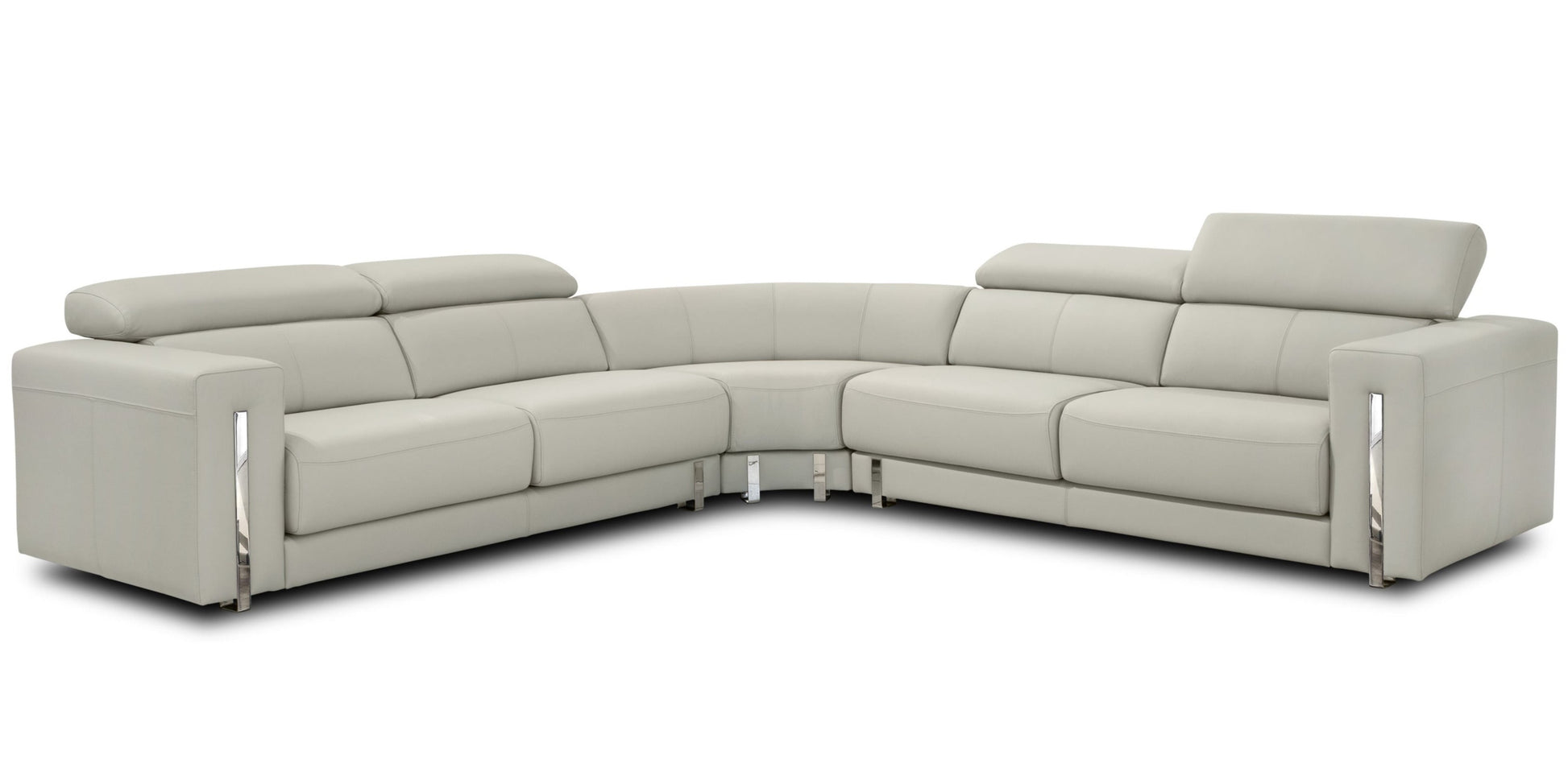 Large Light grey leather corner sofa with adjustable headrests and sound docking station and removable ottomans.