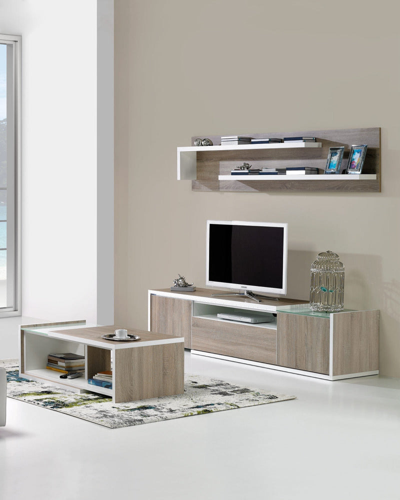 Baia living room set includes the tv stand matching coffee table and wall mounted upper shelf.