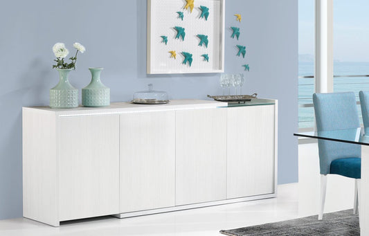 Baia Sideboard in with white panels, partial glass top feature, 4 doors and LED Illumination.