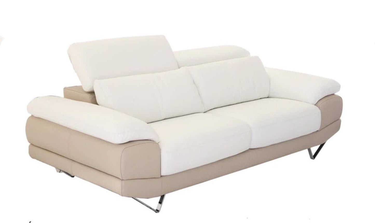 2 seater sofas in two-tone white leather and toffee leather