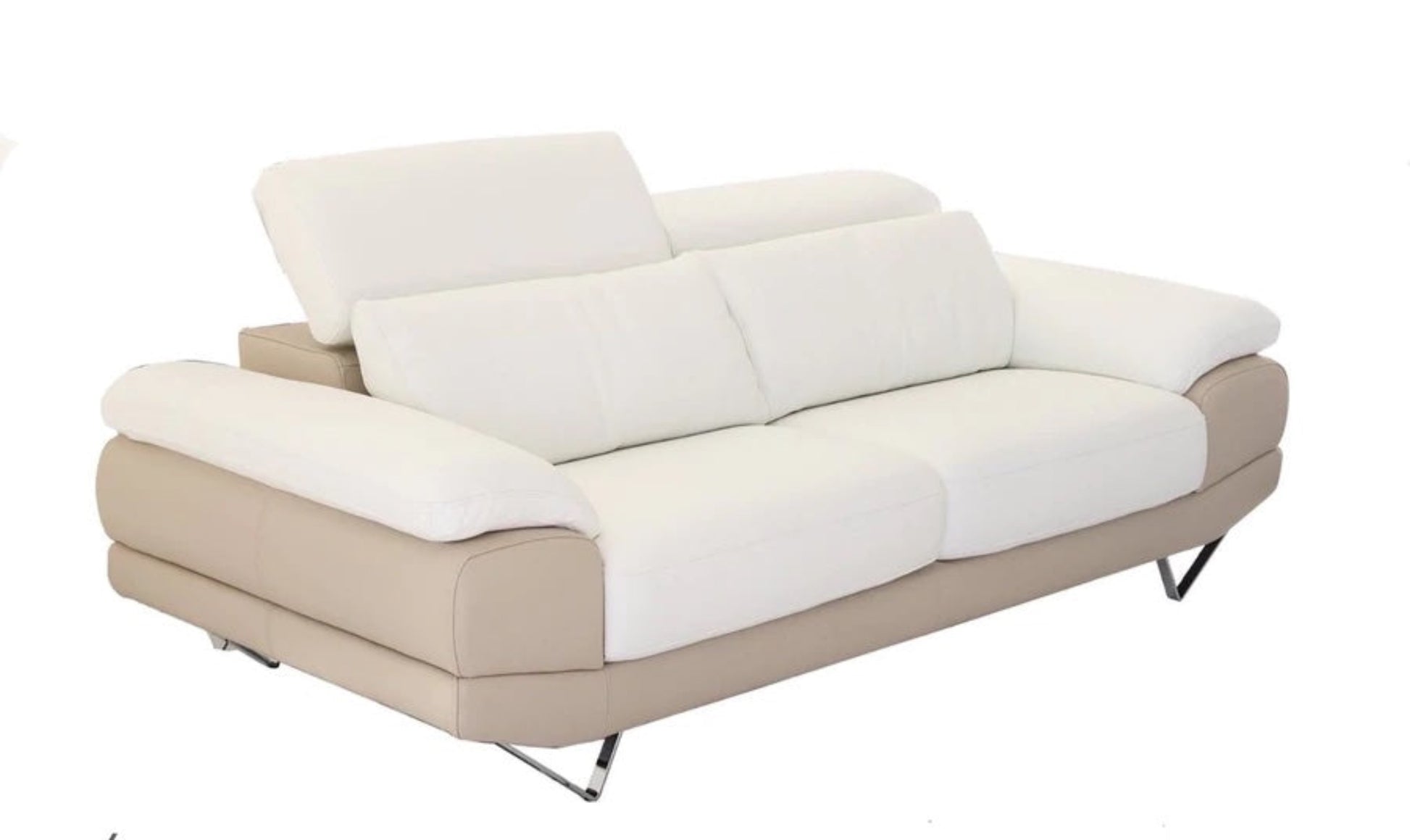 2 seater sofas in two-tone white leather and toffee leather