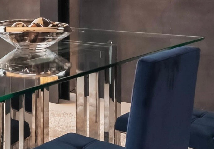 tempered glass top dining table with silver steel legs in 