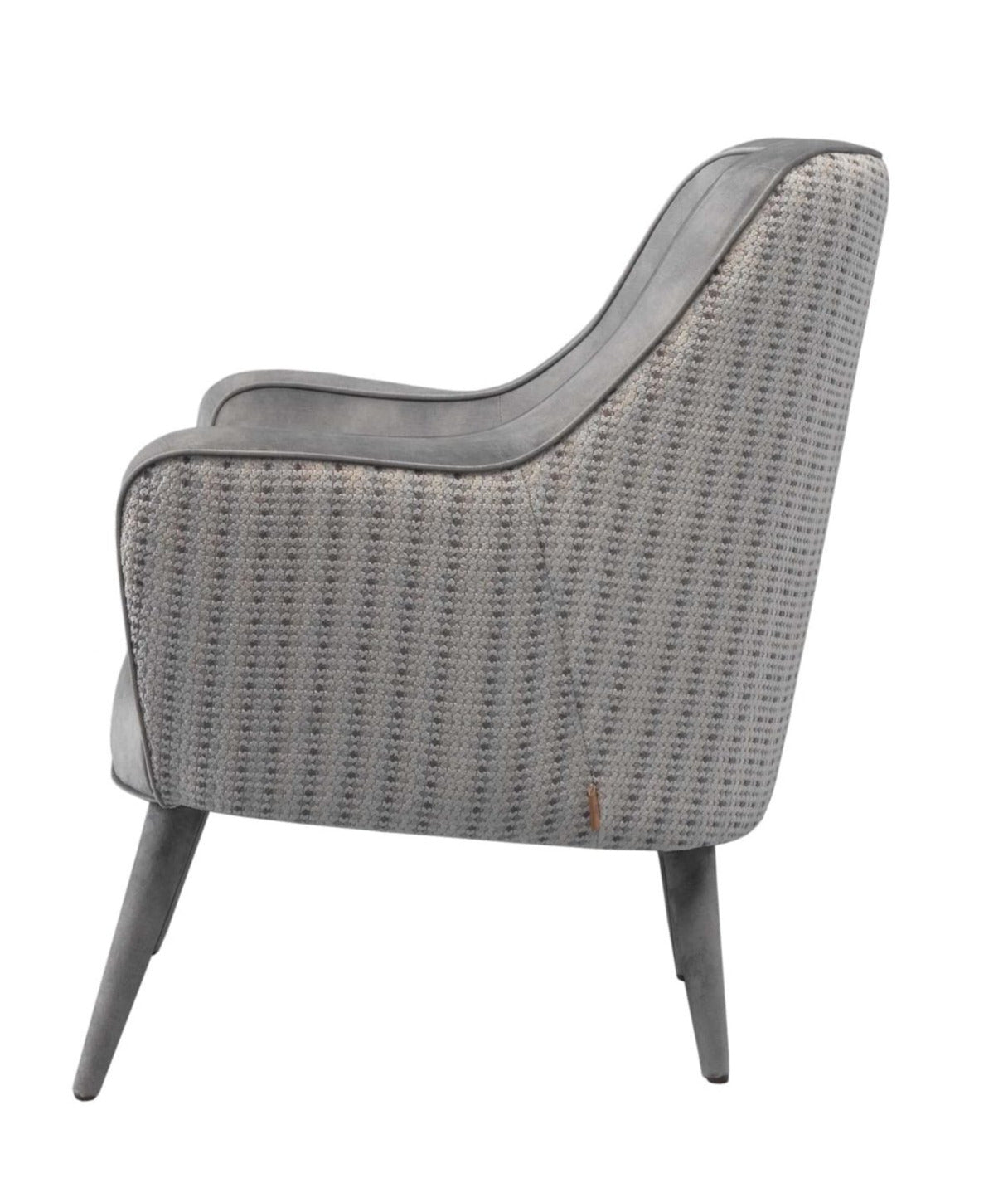Grey velvet and patterned fabric armchair