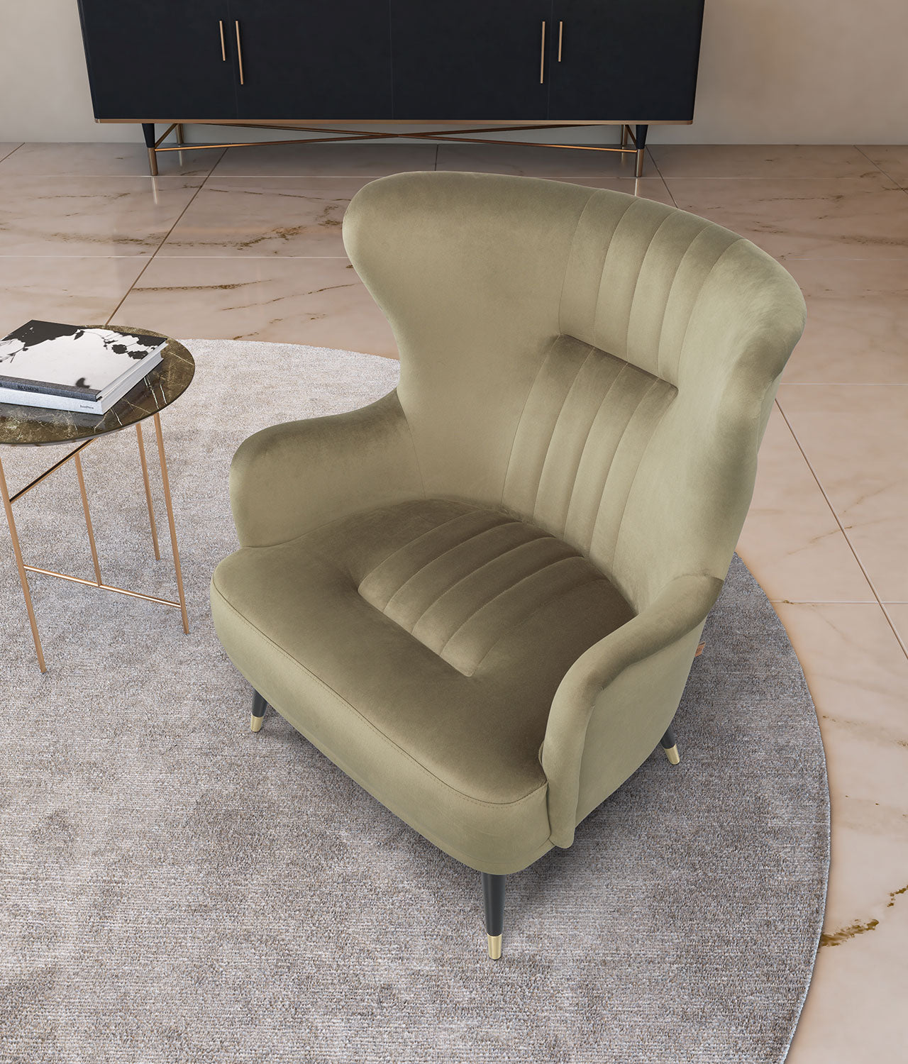 Olive upholstered armchair with retro style
