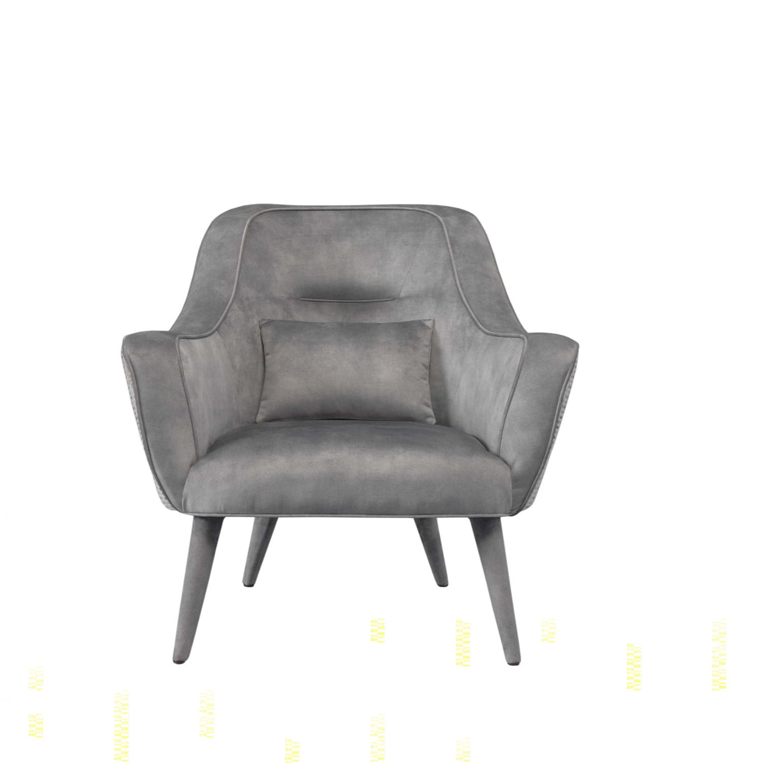 Upholstered armchair in luxury grey fabric and wooden legs