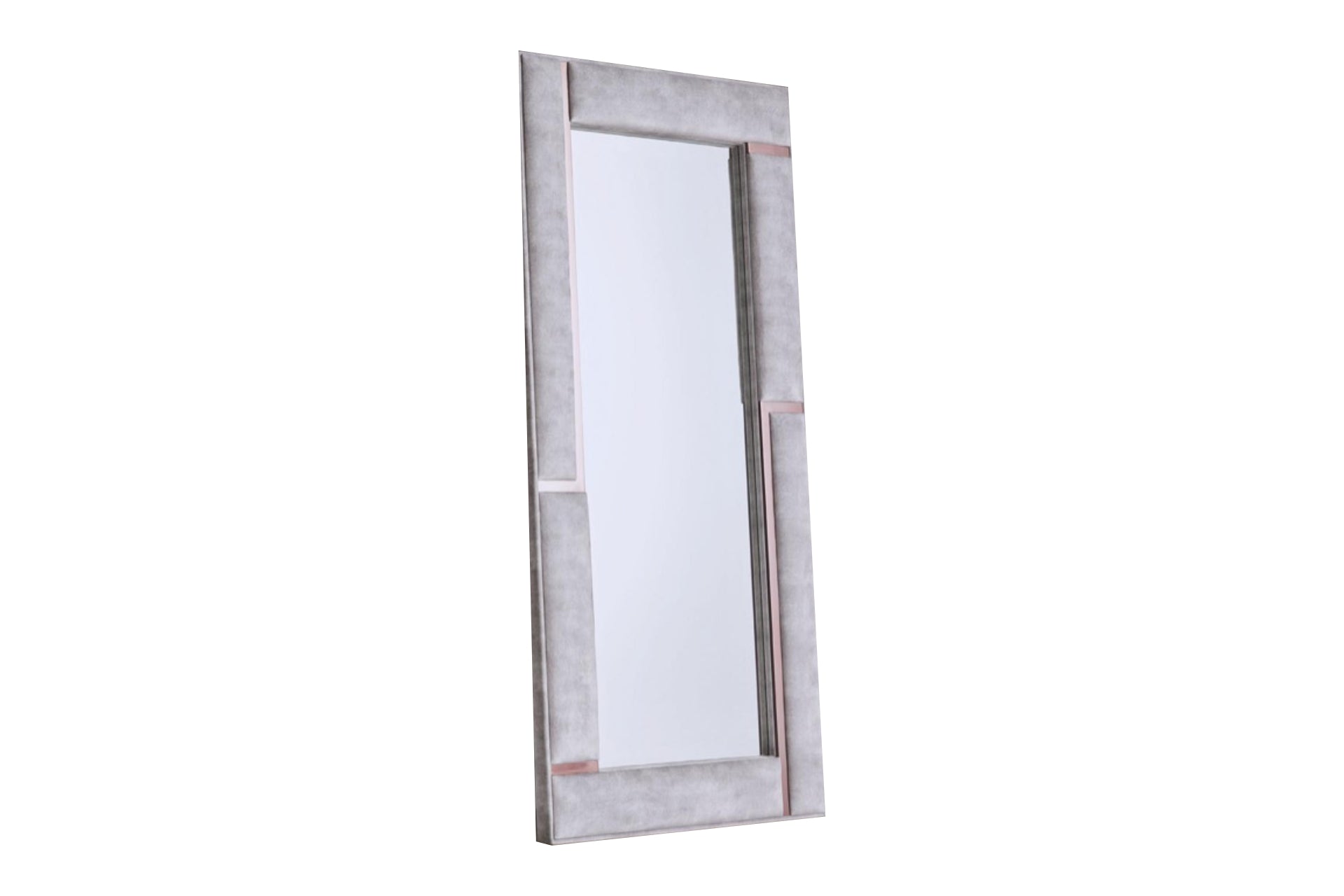 bedroom mirror upholstered in luxury grey fabric with rose gold strips