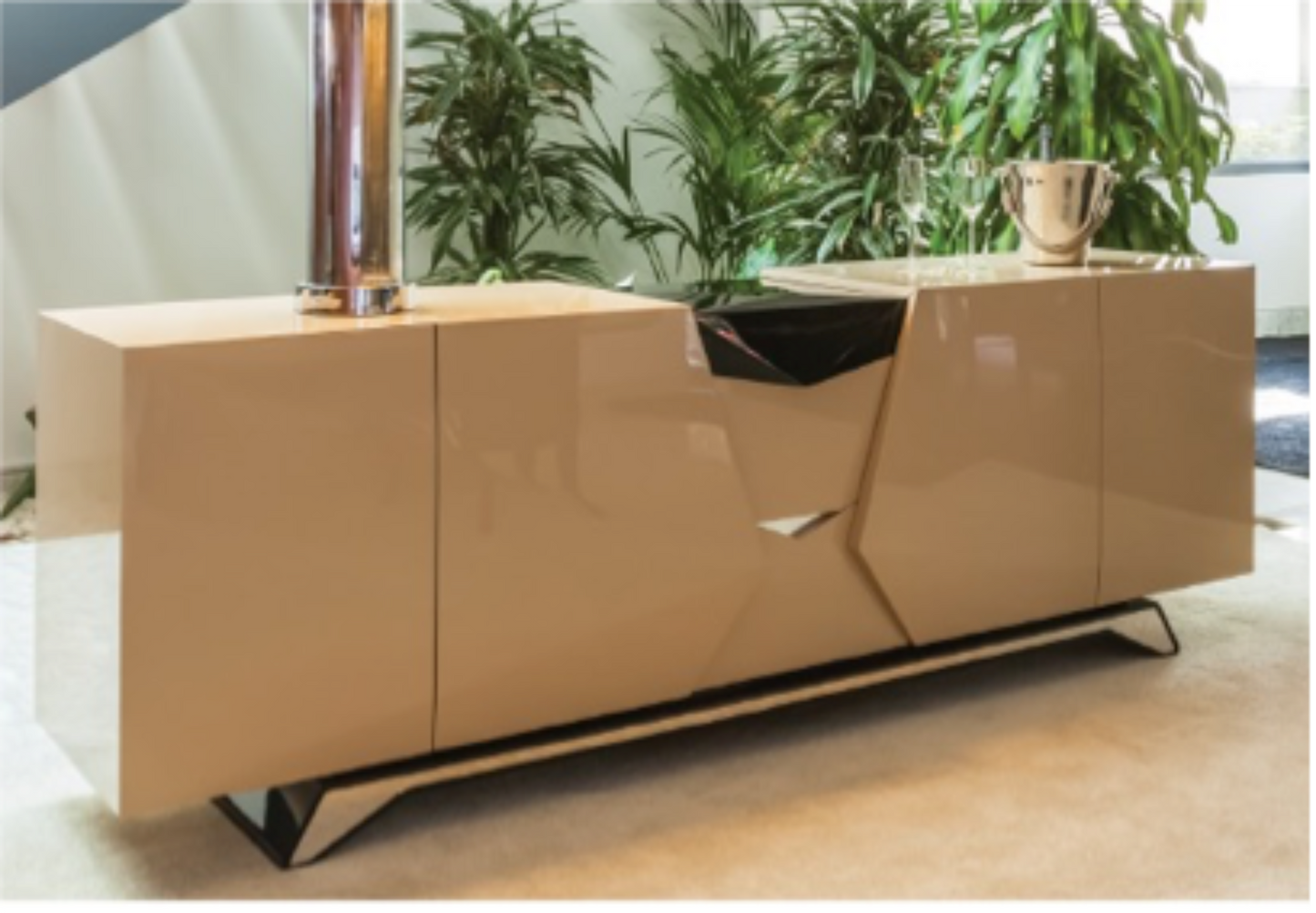 Luxury sideboard in gloss beige wood with built in cutlery drawers