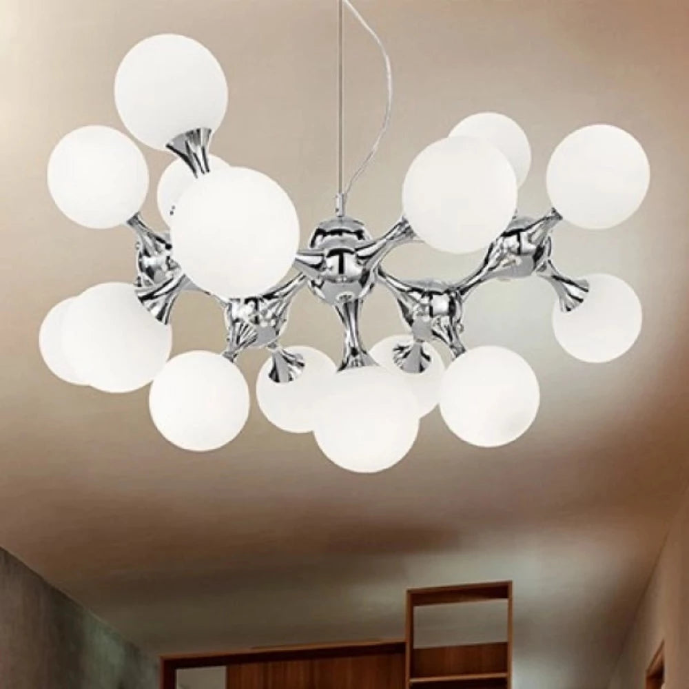 white ball chandelier with chrome detailing