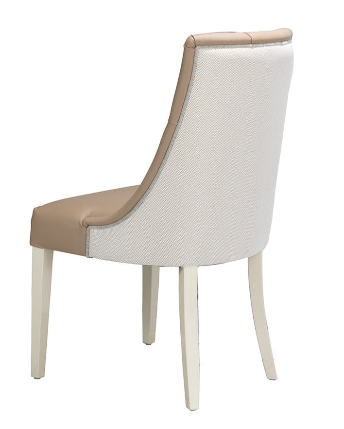 Dining chair with cream gloss legs and upholstered in leather and fabric